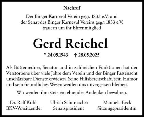 Traueranzeige von Gerd Reichel von Binger-/Ingelheimer Wochenblatt