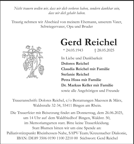 Traueranzeige von Gerd Reichel von Binger-/Ingelheimer Wochenblatt