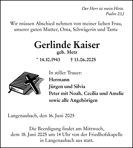 Traueranzeige von Gerlinde Kaiser von Dill Block