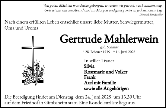 Traueranzeige von Gertrude Mahlerwein von Wormser Zeitung