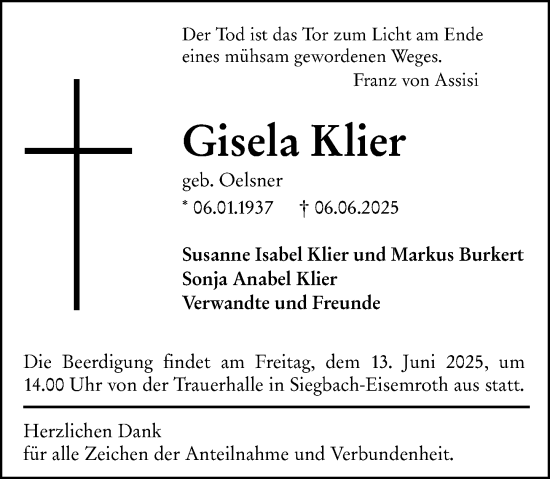 Traueranzeige von Gisela Klier von Dill Block