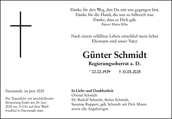 Traueranzeige von Günter Schmidt von Darmstädter Echo