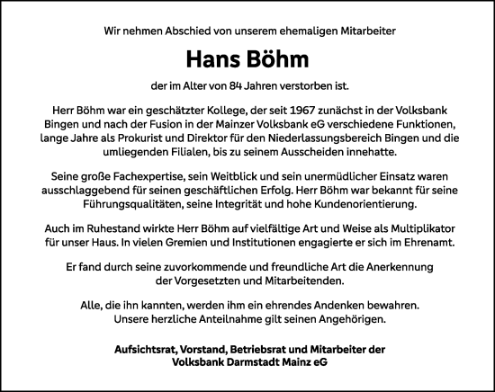 Traueranzeige von Hans Böhm von Allgemeine Zeitung Rheinhessen-Nahe