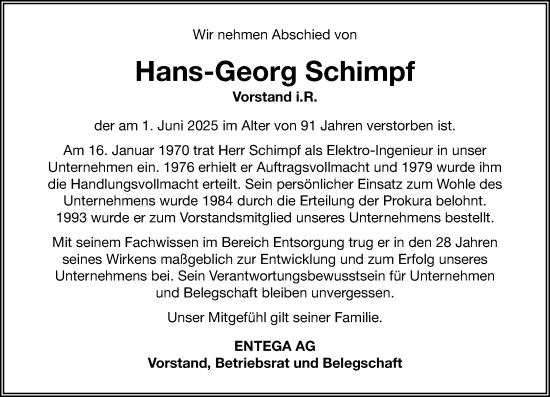 Traueranzeige von Hans-Georg Schimpf von Odenwälder Echo