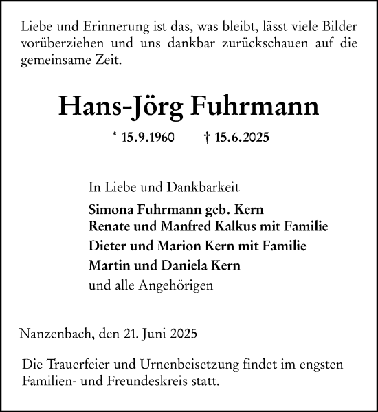 Traueranzeige von Hans-Jörg Fuhrmann von Dill Block