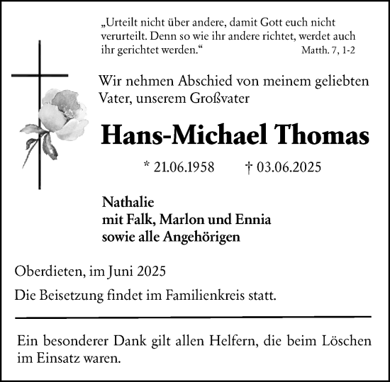 Traueranzeige von Hans-Michael Thomas von Hinterländer Anzeiger