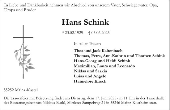 Traueranzeige von Hans Schink von Allgemeine Zeitung Mainz