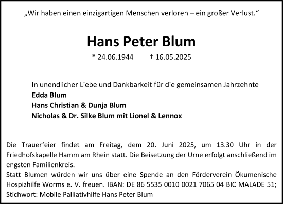 Traueranzeige von Hans Peter Blum von Wormser Zeitung