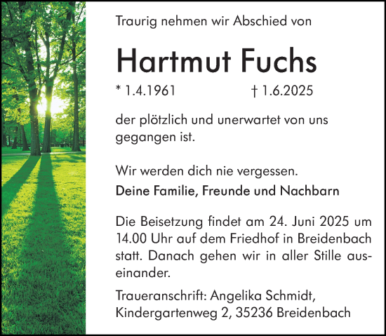 Traueranzeige von Hartmut Fuchs von Hinterländer Anzeiger