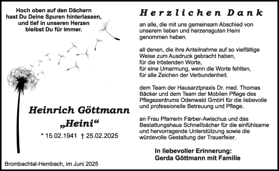 Traueranzeige von Heinrich Göttmann von Odenwälder Echo
