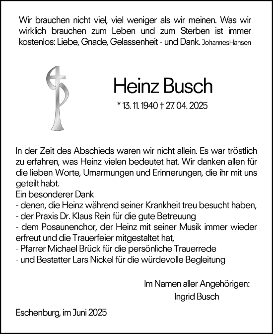 Traueranzeige von Heinz Busch von Dill Block