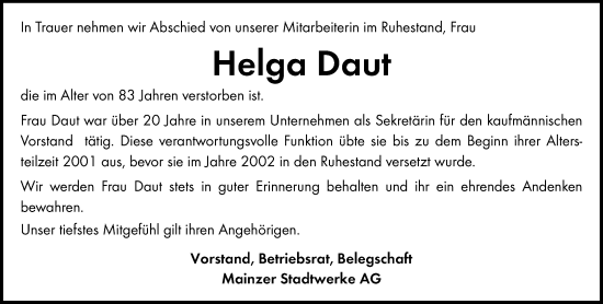 Traueranzeige von Helga Daut von Allgemeine Zeitung Mainz