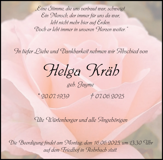 Traueranzeige von Helga Kräh von Darmstädter Echo