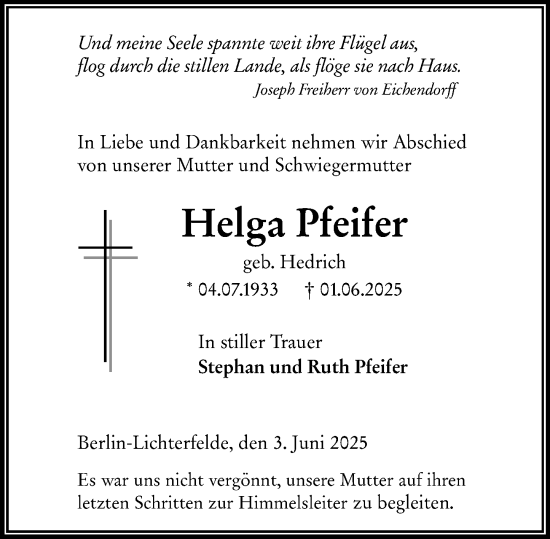 Traueranzeige von Helga Pfeifer von Wetzlarer Neue Zeitung