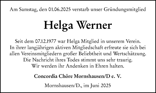 Traueranzeige von Helga Werner von Hinterländer Anzeiger