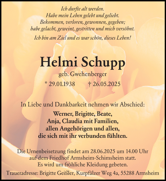 Traueranzeige von Helmi Schupp von Darmstädter Echo