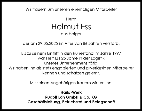 Traueranzeige von Helmut Ess von Dill Block
