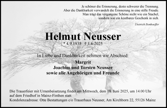 Traueranzeige von Helmut Neusser von Allgemeine Zeitung Mainz