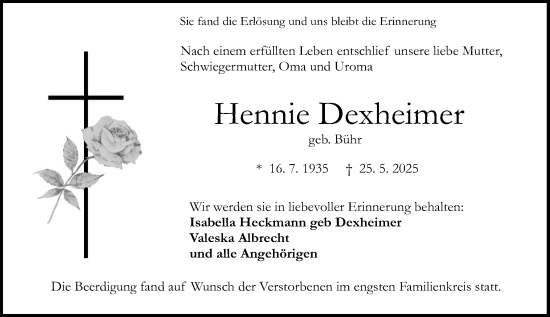 Traueranzeige von Hennie Dexheimer von Darmstädter Echo
