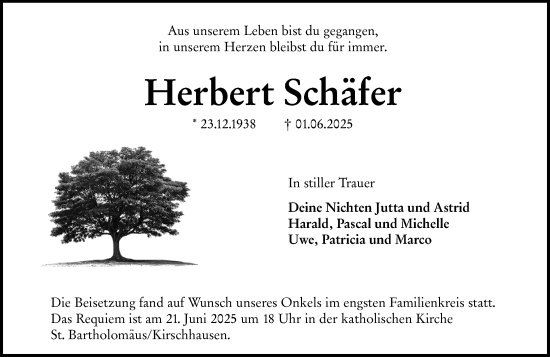 Traueranzeige von Herbert Schäfer von Starkenburger Echo