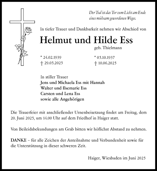 Traueranzeige von Hilde Ess von Dill Block