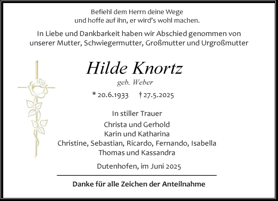 Traueranzeige von Hilde Knortz von Wetzlarer Neue Zeitung