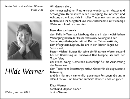 Traueranzeige von Hilde Werner von Hinterländer Anzeiger