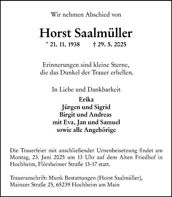Traueranzeige von Horst Saalmüller von Hochheimer Zeitung