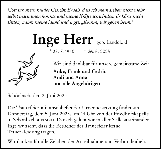 Traueranzeige von Inge Herr von Dill Block