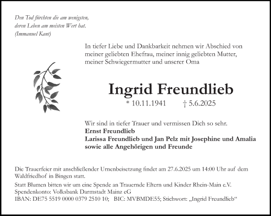 Traueranzeige von Ingrid Freundlieb von Allgemeine Zeitung Rheinhessen-Nahe
