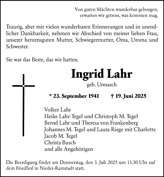 Traueranzeige von Ingrid Lahr von Darmstädter Echo