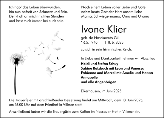 Traueranzeige von Ivone Klier von Weilburger Tageblatt
