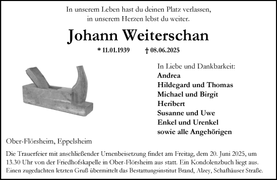 Traueranzeige von Johann Weiterschan von Allgemeine Zeitung Alzey