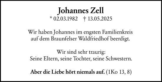 Traueranzeige von Johannes Zell von Wetzlarer Neue Zeitung