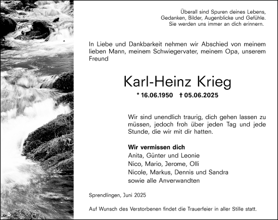 Traueranzeige von Karl-Heinz Krieg von Allgemeine Zeitung Rheinhessen-Nahe