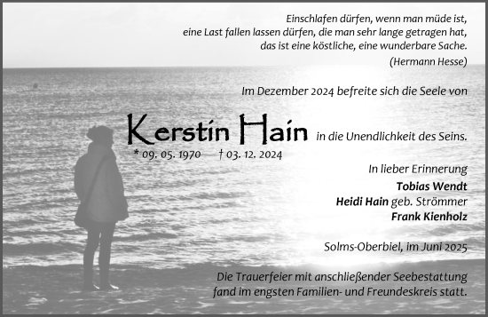 Traueranzeige von Kerstin Hain von Wetzlarer Neue Zeitung