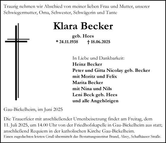 Traueranzeige von Klara Becker von Allgemeine Zeitung Alzey