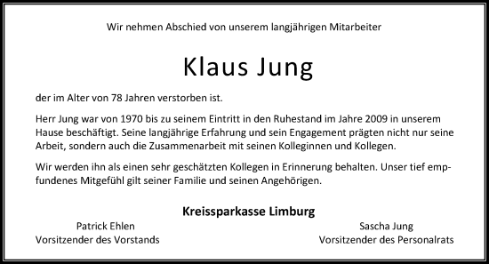 Traueranzeige von Klaus Jung von Nassauische Neue Presse