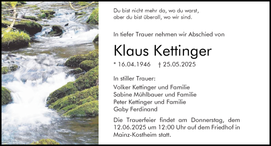 Traueranzeige von Klaus Kettinger von Allgemeine Zeitung Mainz