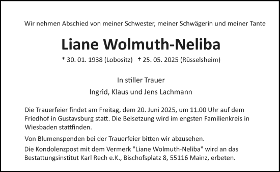 Traueranzeige von Liane Wolmuth-Neliba von Rüsselsheimer Echo