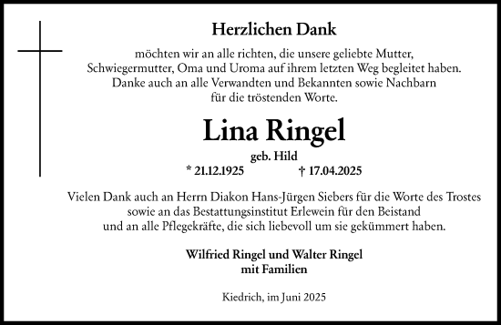 Traueranzeige von Lina Ringel von Rheingau Kurier