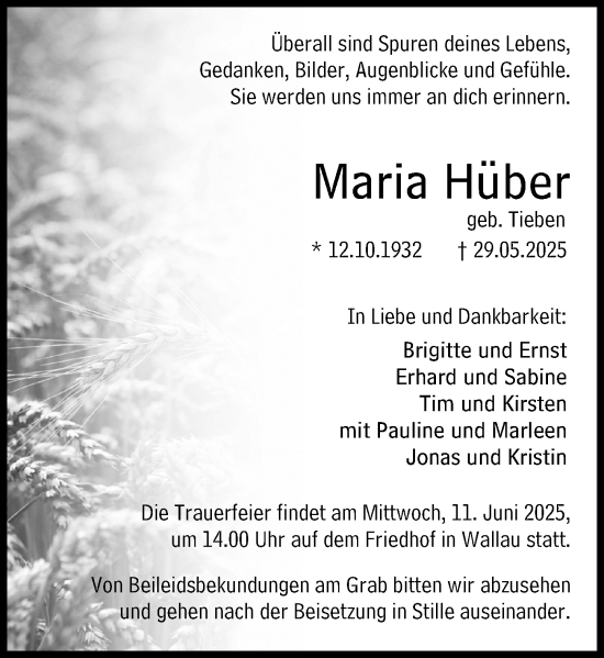 Traueranzeige von Maria Hüber von Hinterländer Anzeiger