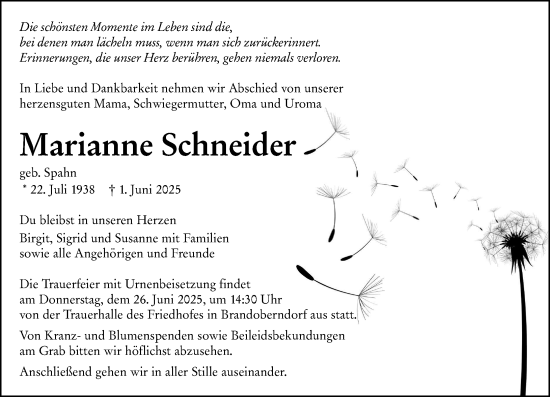 Traueranzeige von Marianne Schneider von Wetzlarer Neue Zeitung