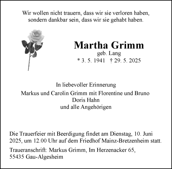 Traueranzeige von Martha Grimm von Allgemeine Zeitung Rheinhessen-Nahe
