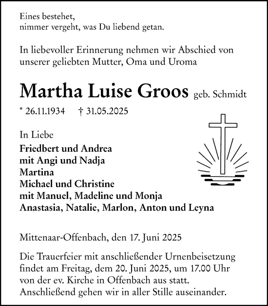 Traueranzeige von Martha Luise Groos von Dill Block