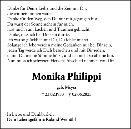Traueranzeige von Monika Philippi von Allgemeine Zeitung Alzey