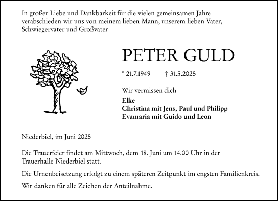Traueranzeige von Peter Guld von Wetzlarer Neue Zeitung