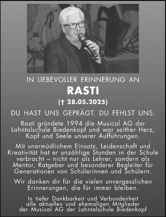 Traueranzeige von Rasti  von Hinterländer Anzeiger