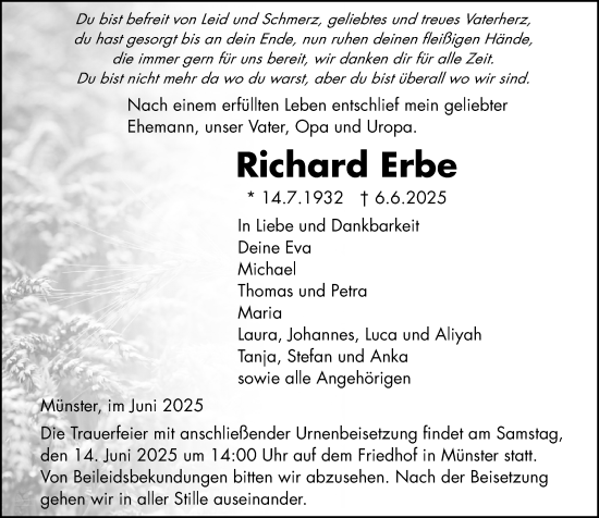 Traueranzeige von Richard Erbe von Camberger Anzeiger
