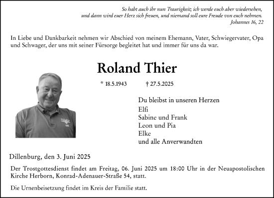 Traueranzeige von Roland Thier von Dill Block